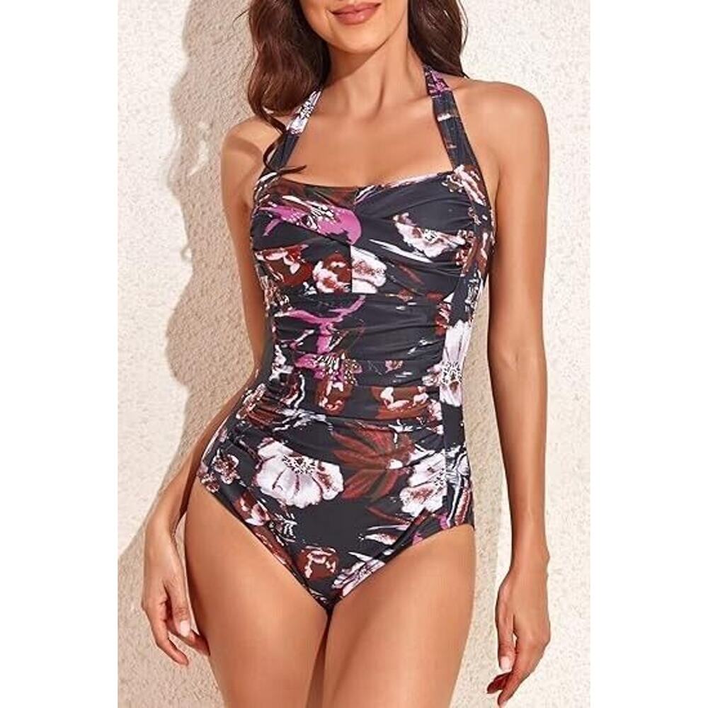 Smismivo Tummy Control Halter One Piece Ruched Slimming Vintage Retro Swimsuit L